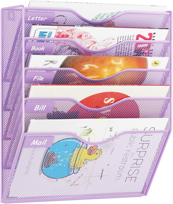 5 Pockets Hanging Wall File Organizer Mail Holder, Wall Mounted Paper Document Folder Holder, Clipboard Storage Organization Magazine Rack, Light Purple by GDINDINFAN