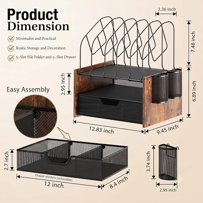 Desk Organizer with Drawer, Desktop File Organizer and Paper Tray Organizer with Vertical File Holder, Office Desk Accessories for Mail, Documents, Papers, Notebooks and Home Office Storage - Image 3
