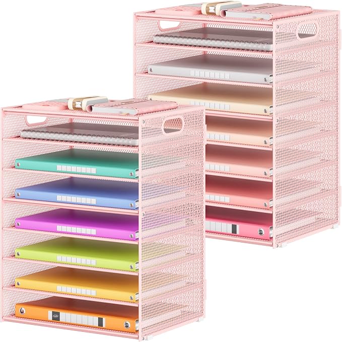 Lavatino 2 Pack 8-Tier Office Desk File Organizer, Letter Tray Paper Organizer with Handle, Including 5 Adjustable Slide Trays for Organizing Desk Workspace Accessories and Supplies (Pink Mesh) by Lavatino
