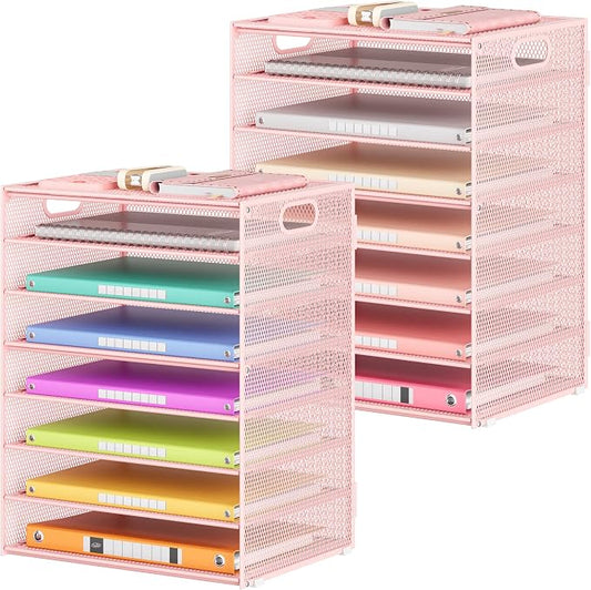Lavatino 2 Pack 8-Tier Office Desk File Organizer, Letter Tray Paper Organizer with Handle, Including 5 Adjustable Slide Trays for Organizing Desk Workspace Accessories and Supplies (Pink Mesh) by Lavatino