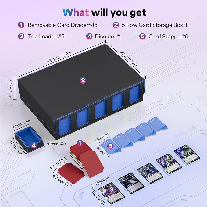 UAONO 5-Row Trading Card Storage Box with Commander Display, Black Blue | 3900+ Card Box with Removable Cover, Card Case Fits MTG TCG Sports Cards, 48 Dividers, 5 Stoppers, 5 Top Loaders, Dice Box - Image 6