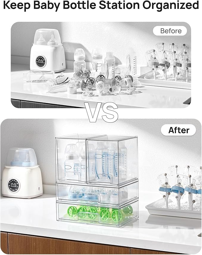 Vtopmart Clear Stackable Storage Drawers Set of 4, Plastic Organizer Bins for Makeup, Cosmetics, Beauty Supplies,Ideal for Vanity, Bathroom,Cabinet,Pantry Organization - Image 4