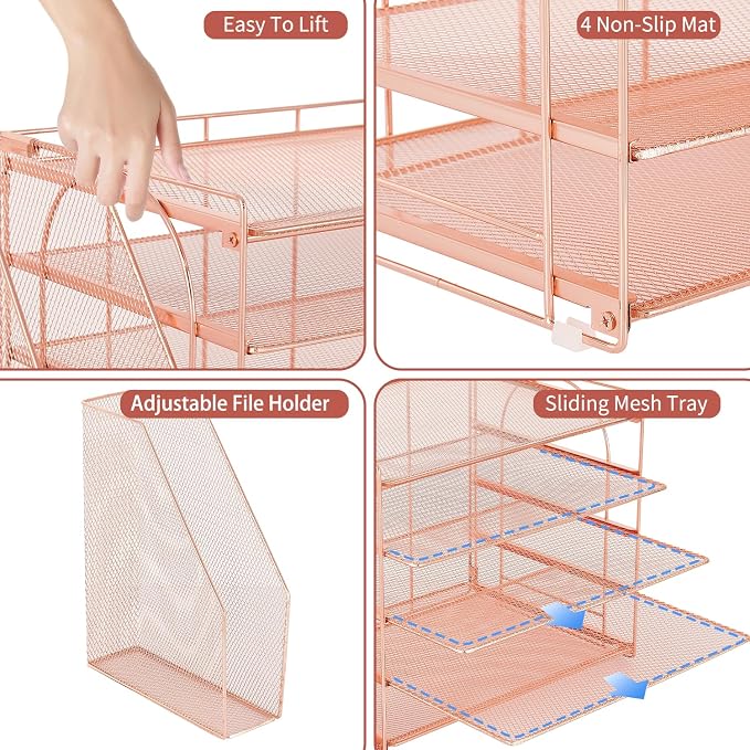 AUPSEN Rose Gold Desk Organizers and Accessories, 5-Tier Desktop Paper File Organizer with Removable File Holder, Desk Accessories & Workspace Organization for Home Office Supplies (Rose Gold) - Image 6