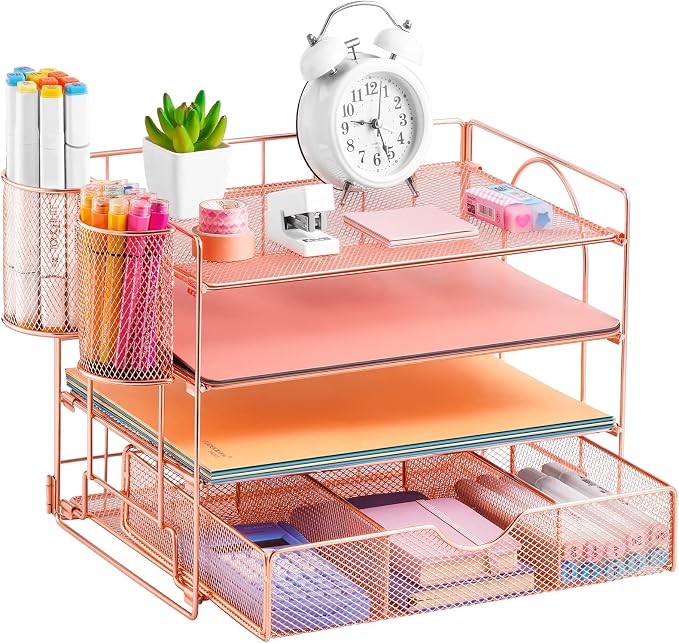 Lavatino 4-Tier Desk Paper Letter Tray Organizer for Desk Accessories & Workspace Organizers with Drawer and 2 Pen Holder for Home, School, Office Supplies Storage (Rose Gold) by Lavatino