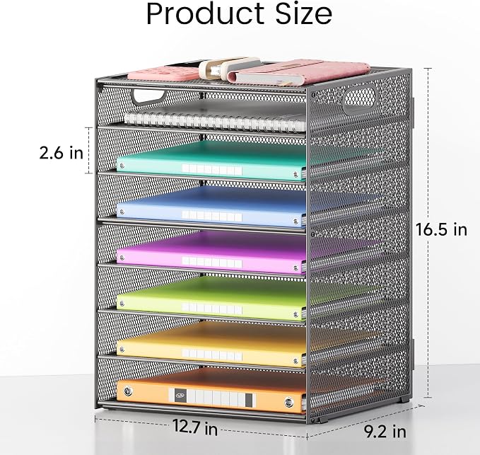Lavatino 2 Pack 8-Tier Office Desk File Organizer, Letter Tray Paper Organizer with Handle, Including 5 Adjustable Slide Trays for Organizing Desk Workspace Accessories and Supplies (Grey Metal Mesh) - Image 2