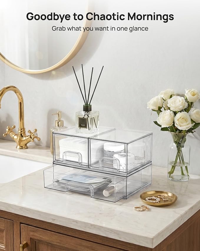 Vtopmart Stackable Storage Drawers Set of 4, Clear Plastic Organizer Bins for Bathroom Supplies,Ideal for Cabinet,Pantry,Laundry Room Organization - Image 3