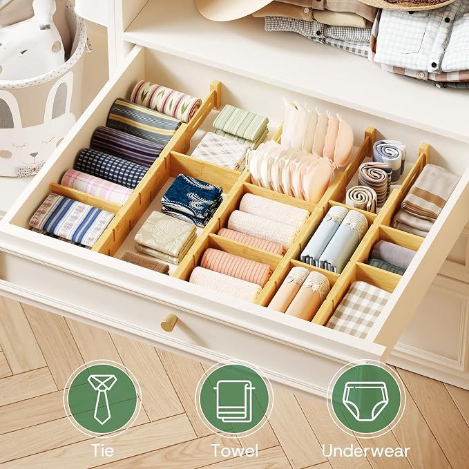 kiplant Kitchen Drawer Dividers - Adjustable Drawer Organizer for Clothes, Kitchen, Closet & Office - 4 Pack with Inserts, 18-22.6 Inches, Non-Slip Silicone Ends - Image 5