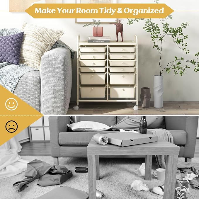 COSTWAY 12-Drawer Rolling Storage Cart, Moveable Art Craft Organizer | Lockable Wheels, Metal Shelf, Files Arrangement Tools Makeup Storage Cart for Office, Home, School (White) - Image 7