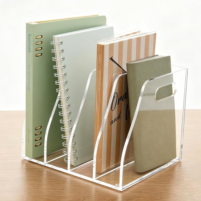 Clear Acrylic Magazine File Holder with Handles, 4-Slot Heavy-Duty Desk Organizer, Vertical Document Sorter & Book Rack for Office, Home & Classroom, Thick 5mm Tabletop Storage, 7.1x8.1x6.3 in by AIMOLLYACRYLICSTORAGE