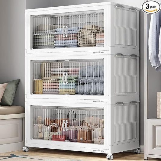 BROVIEW 600Qt Extra Large Stackable Storage Bins with Lid, Closet Organizer Collapsible Drawer Boxes with Wheels, Folding Plastic Cabinet Containers for Home Kitchen Room Organization, 3Pack White by BROVIEW-EnjoytheArtofLife