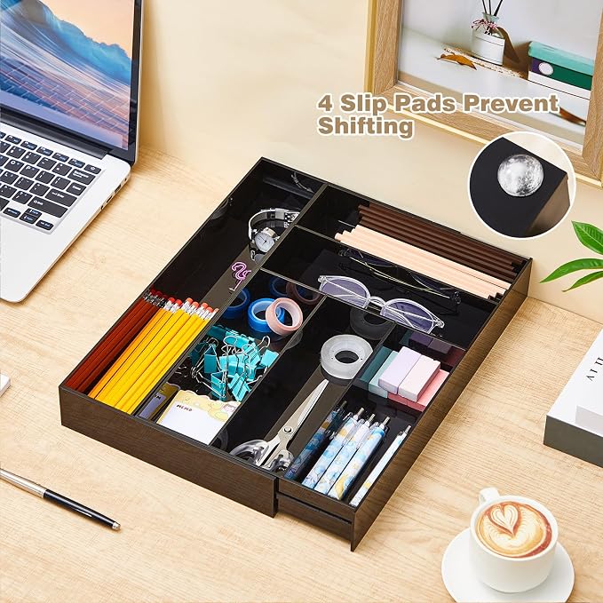 Briwooody Black Acrylic Drawer Organizer Expandable,7 Compartments,Large | 9'' up to 18'' x 12'' x 2.1'' Desk Drawer Organizer Trays Adjustable with Desk Accessories for Makeup Office Bathroom - Image 4
