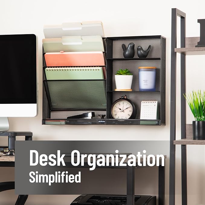 Mind Reader 4-Tier Vertical File Storage and Shelves, Desktop Organizer, Wall Mount, Office, Metal Mesh, 22.5"L x 4"W x 16"H, Black - Image 2