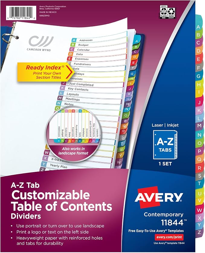 Avery A-Z Dividers for 3 Ring Binders, 26 Tabs per Set, Customizable Table of Contents, Multicolor Arched Tabs, Great for Organizing Reports, Projects, and More (12 Sets of 11844) by Avery