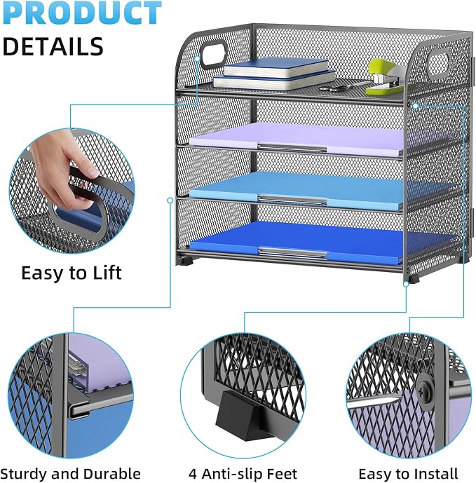 Marbrasse 4 Tier Paper Organizer Letter Tray - Mesh Desk File Organizer with Handle, Paper Sorter Organizer for Letter Office File Folder Holder (Grey, 12.6" x 9.1" x 10.7") - Image 4