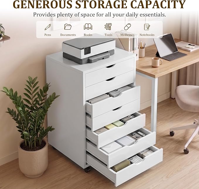 7 Drawer Mobile File Cabinet, Office Storage Cabinet, with Drawers | 7 Drawers Office Storage Cabinet with Wheels, Mobile File Cabinet for Desk Drawer Storage, Drawers and Office Furniture - Image 5