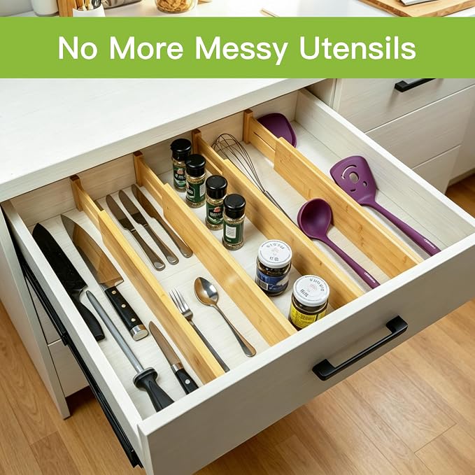 Utoplike Kitchen Drawer Divider, Expandable Bamboo Drawers Organizer 3.2" H | Large Adjustable Spring-Loaded Separators for Spatulas, Utensils, Bedroom & Home Storage, 4pcs, Fit 18"-20.6" Inner Drawer - Image 2