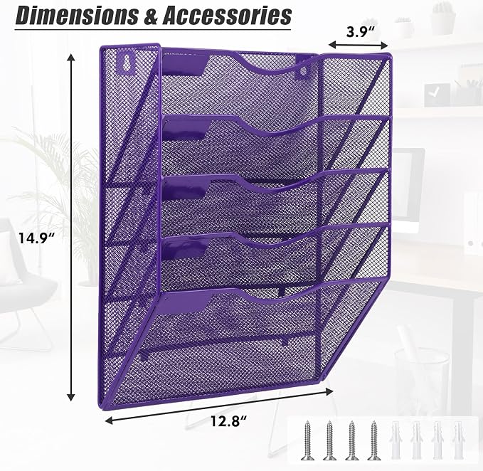 5 Pocket Mesh Hanging Wall File Organizer, Wall Mounted Mail Paper Document Folder Holder, Clipboard Storage Organization Magazine Rack with Nametag Label for Office Home School, Purple - Image 2