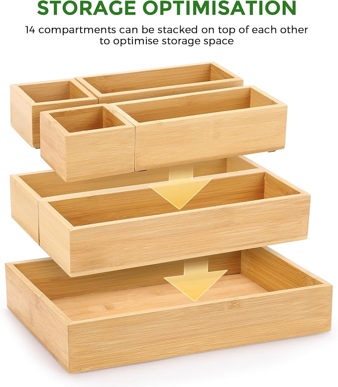 MapleGrace Bamboo Drawer Organizer Set, 14 PCS Wood Storage Organizers | Multi-Use Junk Drawer Divider, Storage Trays Containers for Kitchen, Bathroom, Office Desk, Makeup, Jewelry, Utensils - Image 2