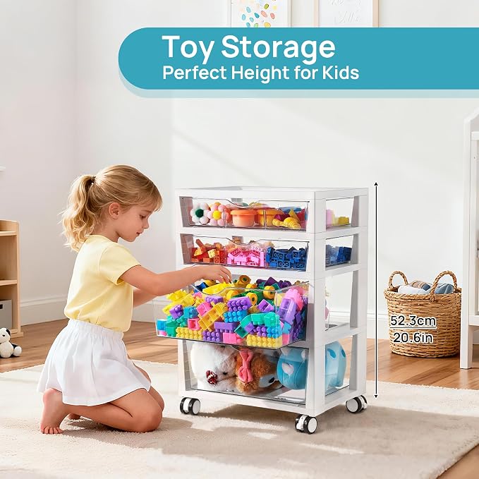 Vtopmart 4-Tier Plastic Drawer Storage Rolling Cart with Wheels | Clear Drawers, Multiple Size Storage, Visible Organization, Sturdy Design, Under Desk, Office, Makeup, Crafts & Art Storage - Image 5
