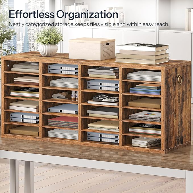 HOOBRO Literature Organizers, 24 Compartments Office Mailbox with Adjustable Shelves, Wood Countertop Literature Sorter for Office, Home, Classroom, Mailrooms Organization Rustic Brown FG64WF01 - Image 2