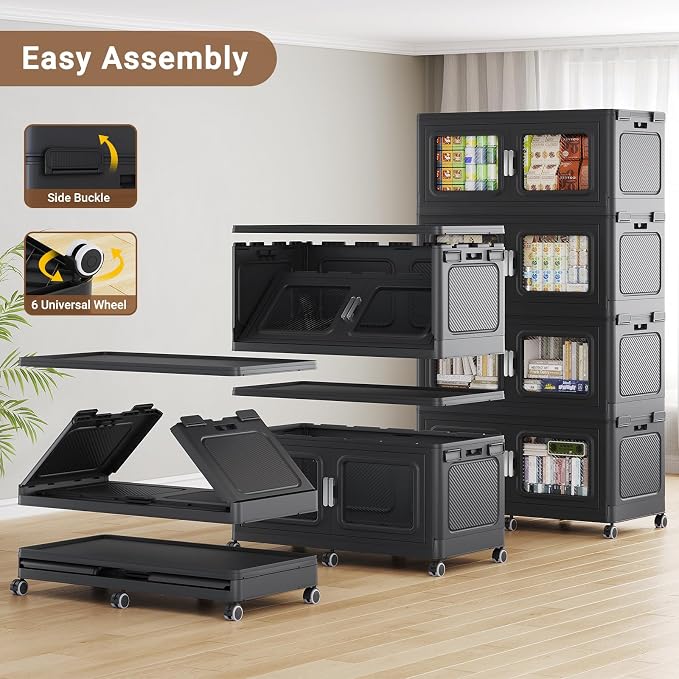 BROVIEW 220 Qt/55 Gal Stackable Storage Bins with Lids, 1 Pack, Black | Large Stackable Storage Boxes w/ 1 Lid Folding Plastic Cart Organizer for Home Kitchen, Open Front Clear Door with Wheels - Image 3