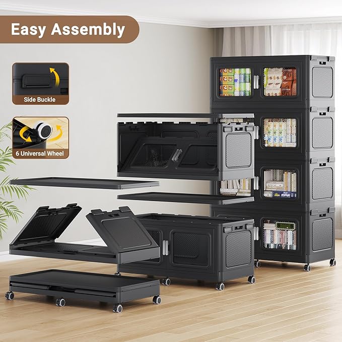 BROVIEW 900 Qt Extra Large Stackable Storage Bin with Lids, 3 Pack Black | 225Gal Extra Large, Collapsible Storage Boxes with 3 Lids, Folding& Rolling Plastic Drawer, Heavy-Duty Cabinet Organization - Image 5