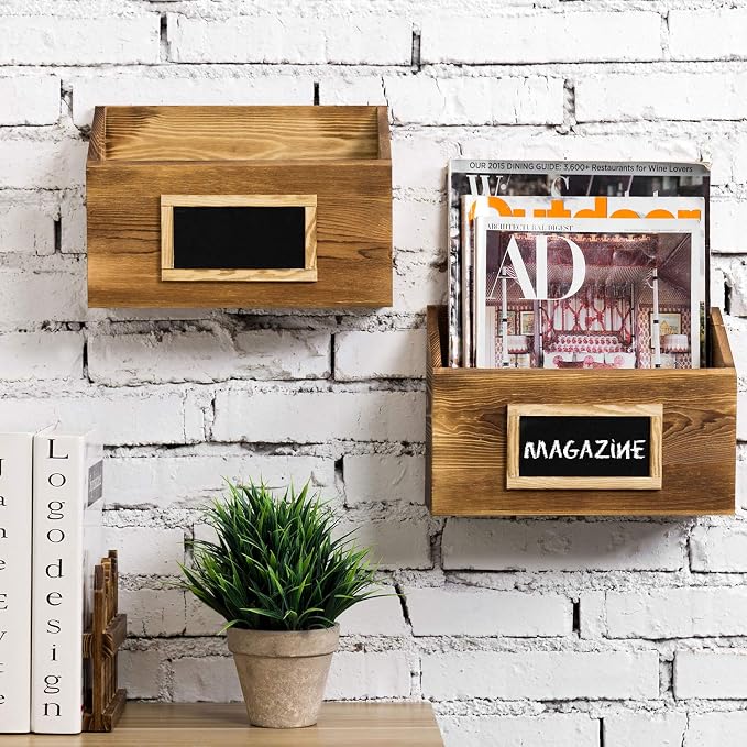 MyGift Rustic Burnt Wood Wall Mounted Mail File Magazine Holder Set of 2 | Burnt Wood Finish, Chalkboard Label, Space Saving Storage, Entryway Organization, Office Document Sorting, Farmhouse Style - Image 3