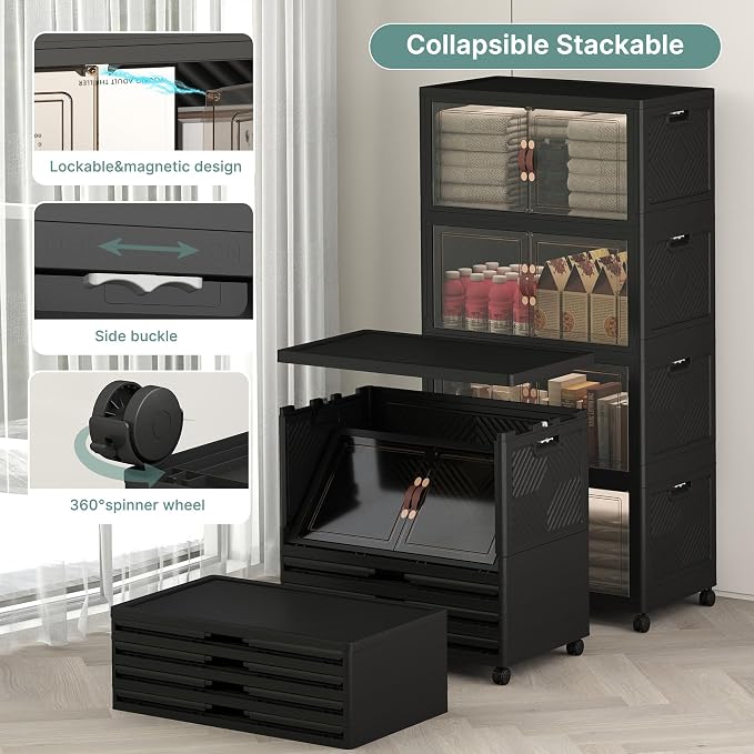 896QT Lockable Plastic Storage Bins, 8 Pack Collapsible Cabinets | Stackable Organizer with Doors & Wheels, Foldable Containers for Bedroom, Dorm, Office & Garage Storage - Image 3
