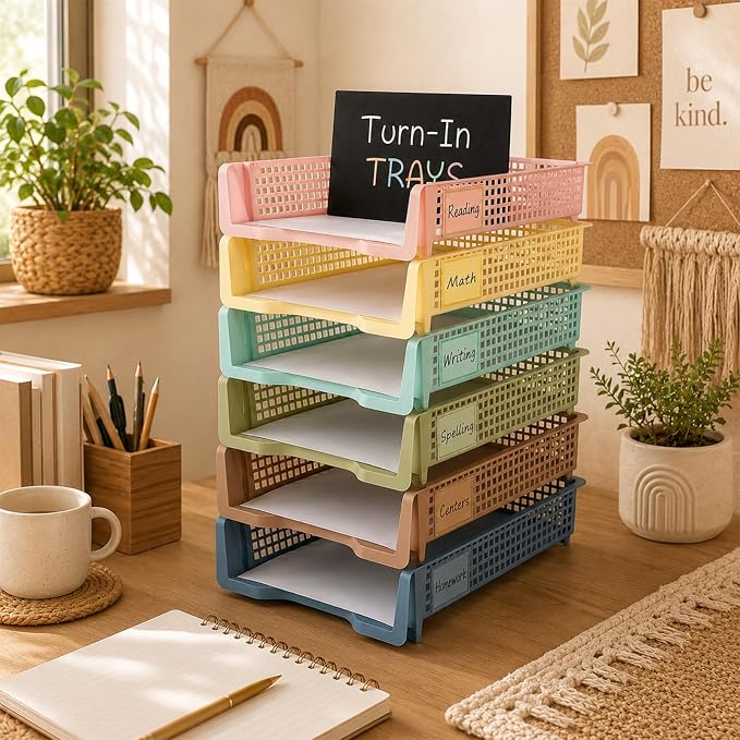 Set of 6 Boho Turn in Trays with Label Stickers for Teachers Stackable Classroom Paper Letter Trays Plastic Classroom Desk Letter Organizer Tray Storage Baskets for Library, Drawers, Office, Home - Image 4