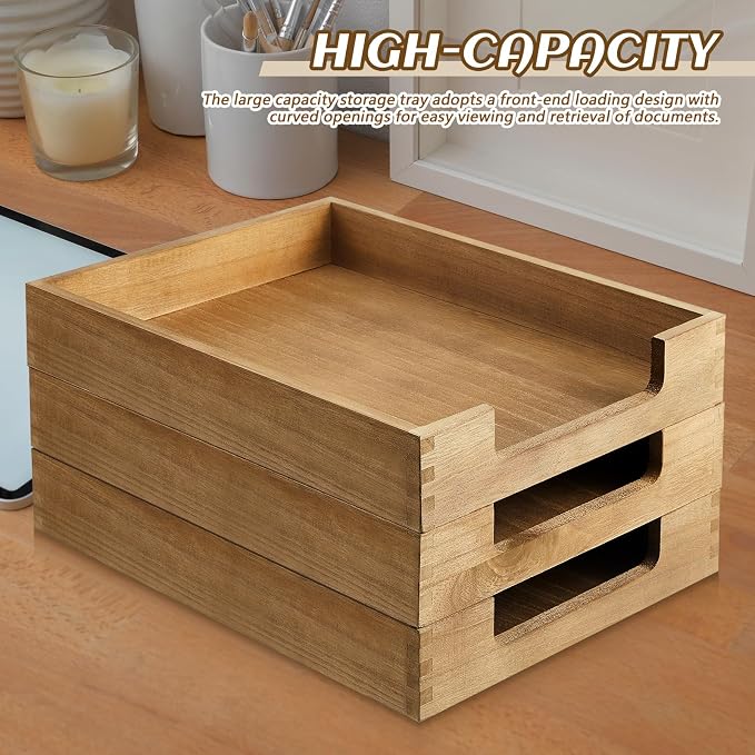 Fulmoon 3 Pcs Stackable Wood Letter Tray A4 Size Desk Tray Organizer Wooden Office Documents Tray Desktop Mail File Folder Document Magazine Storage - Image 7