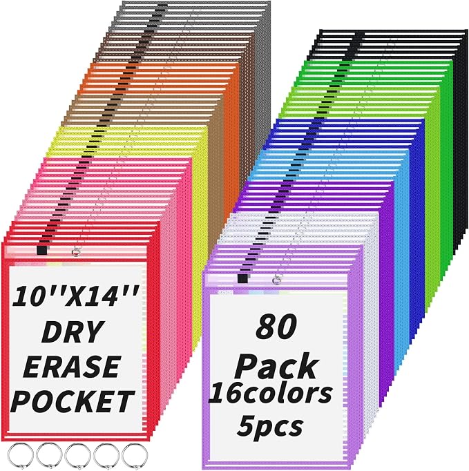 80 Packs Dry-Erase Pockets Bulk Oversized Reusable Dry Erase Pocket Sleeves with 5 Rings, 16 Assorted Colors 10x14 Ticket Holders, Clear Plastic Sheet Protectors, Teacher School Classroom Supplies by Oleitodh
