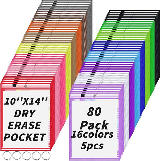 80 Packs Dry-Erase Pockets Bulk Oversized Reusable Dry Erase Pocket Sleeves with 5 Rings, 16 Assorted Colors 10x14 Ticket Holders, Clear Plastic Sheet Protectors, Teacher School Classroom Supplies by Oleitodh