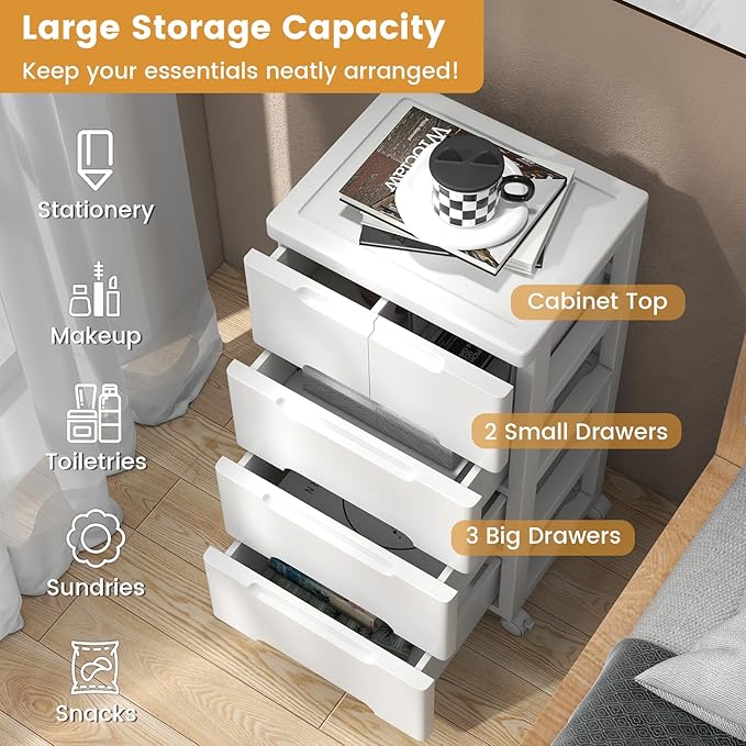 5-Drawer Plastic Rolling Storage Cart (16"x13"x31") | Mobile Storage Cabinet | Vertical Storage Tower Container Unit | 4 Universal Wheels | For Living Room, Home Office - Image 6