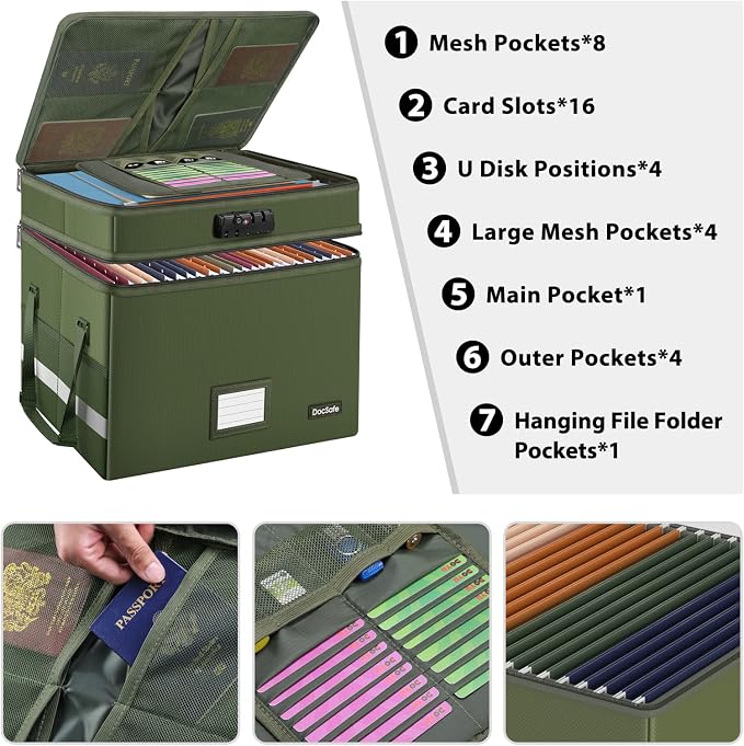 DocSafe File Box with Lock,Multi-Layer Fireproof Document Box Collapsible File Storage Organizer with Pockets/Handle,Portable Home Office Filing Cabinet for Hanging Letter/Legal Size Folders,Green - Image 3