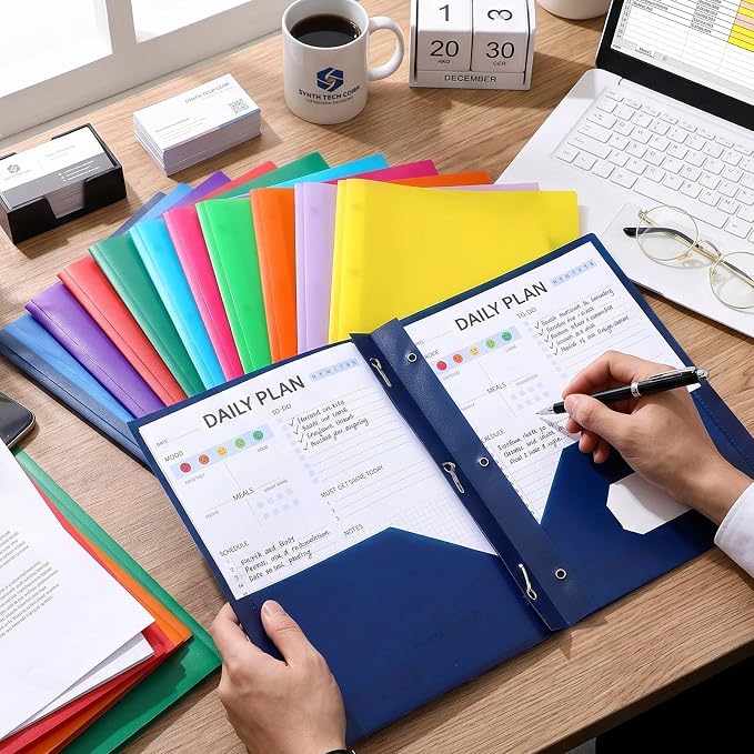 Cholemy 132 Packs Pocket Folders with Prongs Heavy Duty Plastic Folder with Business Card Slot 3 Prong Fasteners for School Office (Bright) - Image 4
