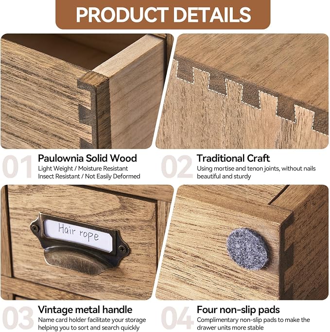 KIRIGEN Wooden Desk Organizer with 9 Drawers, Storage Cabinet, Brown | Solid Wood Desktop Organizer with Metal Label Handles for Office Supplies, Crafts, Tea Bags, Makeup, Fully Assembled - Image 6