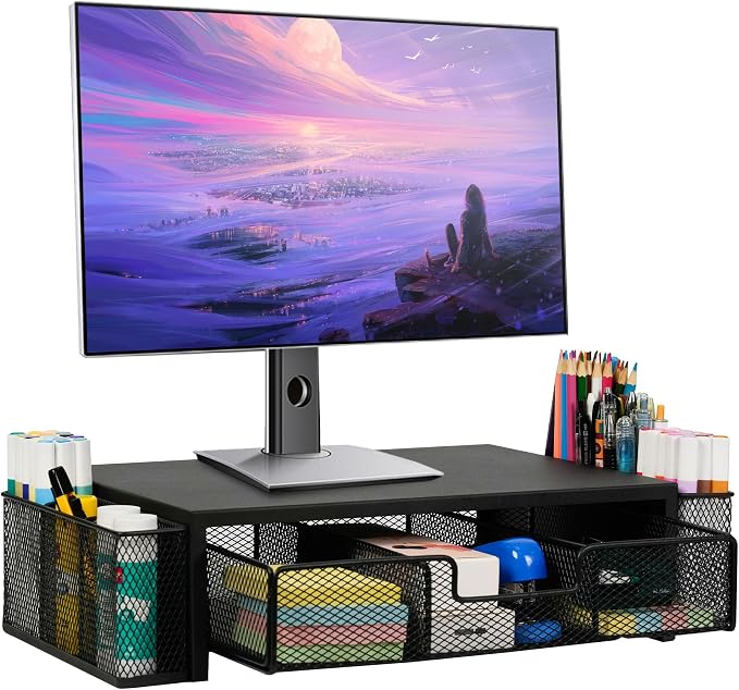 Qupui Computer Monitor Stand Riser with Drawer and Pen Holders, Desk Organizer Shelf and Accessories, Office Desk Accessories, Office Organization, Black by Qupui