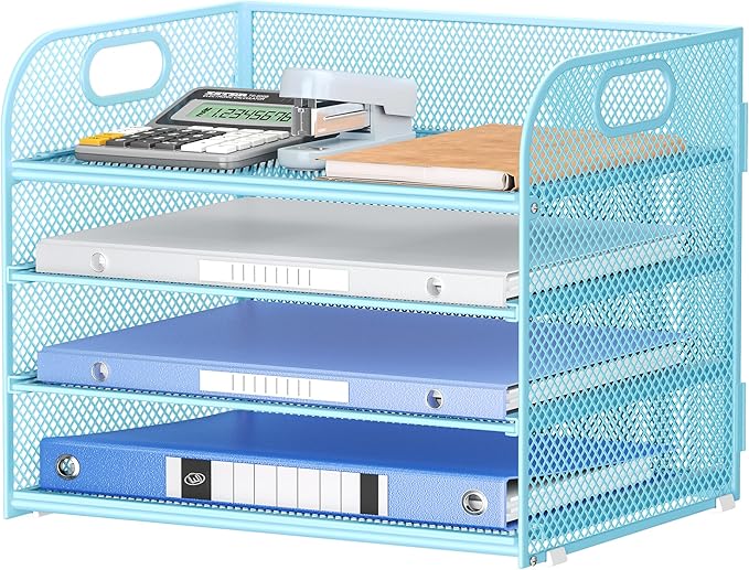 Lavatino 4-Tier Paper Organizer Trays - Blue Mesh File Folder Sorter with Handles, Desk Letter Holder Organizer for Office, Home, School Supplies Storage & Organization by Lavatino