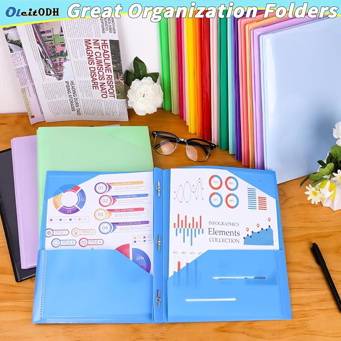 Oleitodh Plastic Folders with Pockets - 60 Pack 20 Colors & 2 Pocket Folder Bulk with 2 Business Card Slots, Heavy Duty File Folders for School Home Office and Business - Image 6