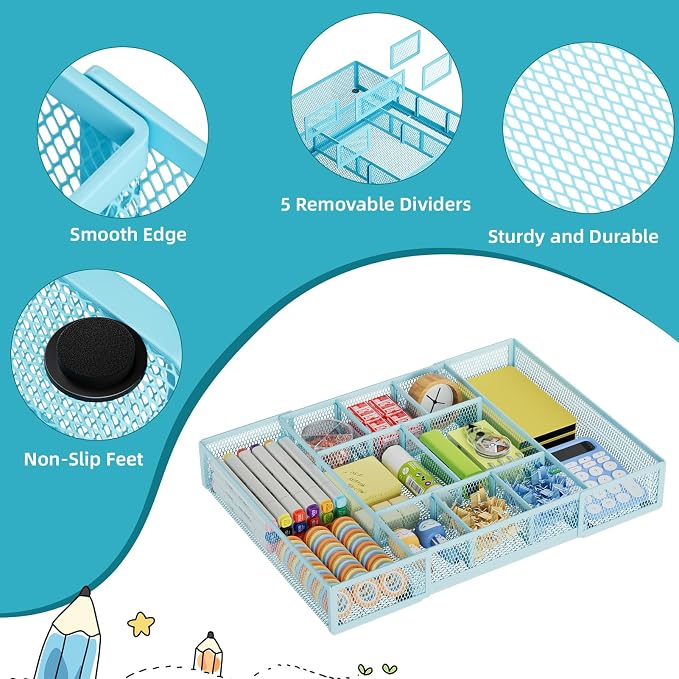 Marbrasse Expandable Desk Drawer Organizer, Mesh Drawer Organizer Tray with 10 Adjustable Compartments, Desk Organizers and Accessories for Office Supplies, Makeup & Vanity (Expandable-Blue) - Image 6