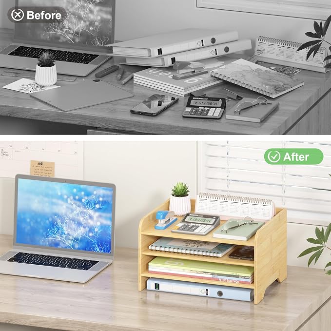 Bamboo File Organizer for Desk, Paper Tray with Pen Holder | Open tiers and a pen holder sort Letter/A4 paper, folders and office supplies while keeping your workspace clutter-free - Image 4