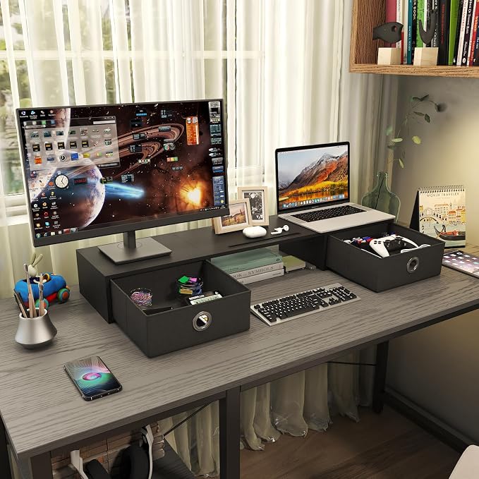 WESTREE Dual Monitor Stand Riser with Two Drawers, Extra Large Storage Monitor Stand for 2 Monitors, Desktop Oraganizer Stand for Computer,Laptop,Screen,Printer,TV - Image 3