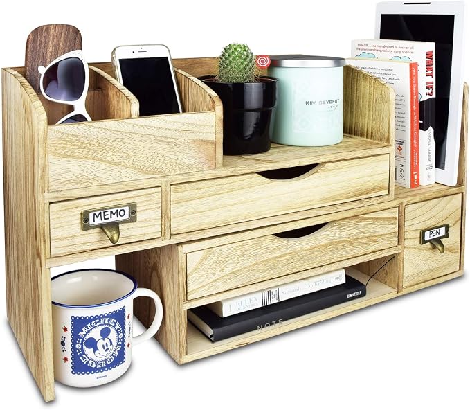 Ikee Design Large Extendable Wooden Desktop Organizer For Office Supplies | EXTENDABLE DESK ORGANIZER: Wooden shelf with compartments for books and office supplies; 17.25"W x 7.5"D x 12"H. by IkeeDesign