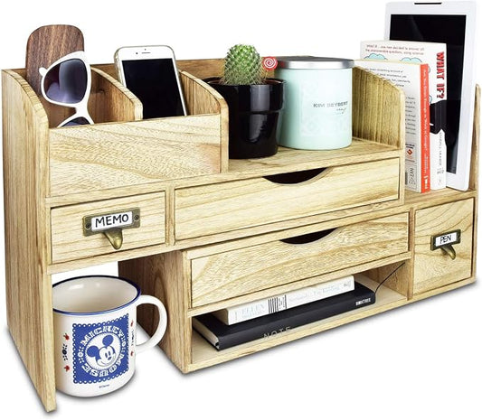 Ikee Design Large Extendable Wooden Desktop Organizer For Office Supplies | EXTENDABLE DESK ORGANIZER: Wooden shelf with compartments for books and office supplies; 17.25"W x 7.5"D x 12"H. by IkeeDesign