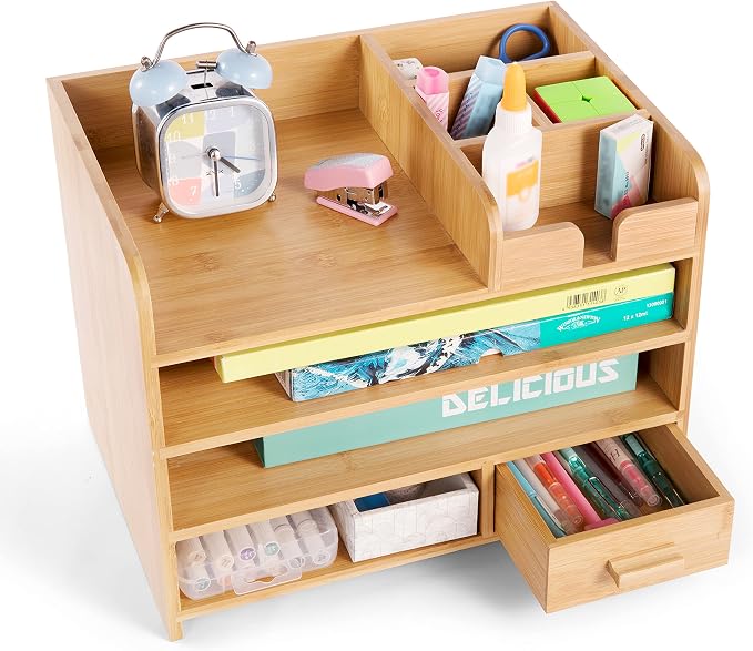 Bamboo Desktop Organizer with Drawers, Tabletop Storage Organization Box for Office Home Toiletries Supplies, 4 Tiers - Image 6
