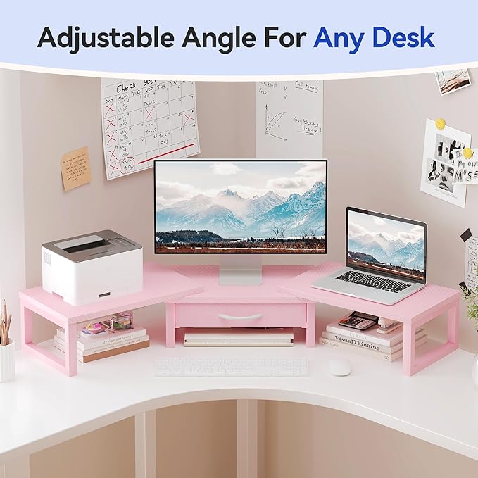 Desk Organizers and Accessories, Dual Monitor Stand Riser with Drawer, Computer Monitor Stand, Adjustable Desk Shelf for PC Laptop Printer TV, Pink - Image 5
