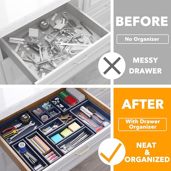 SpaceAid 14-Piece Bamboo Drawer Organizer Storage Boxes Set, Wood Tray Junk Drawer Organizers Multi-Use Divider Bins for Kitchen, Bathroom, Office Desk and Makeup Organization (14 Pack, Navy Blue) - Image 2