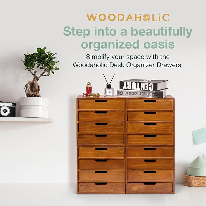 Stackable Modular 4-Pack 16 Drawer Desktop Storage Organizer in Modern Wood Design (20”x7”x 20”) Stackable Drawers For School Office - Crystals, Scrapbook Organization - Declutter Countertop - Image 4