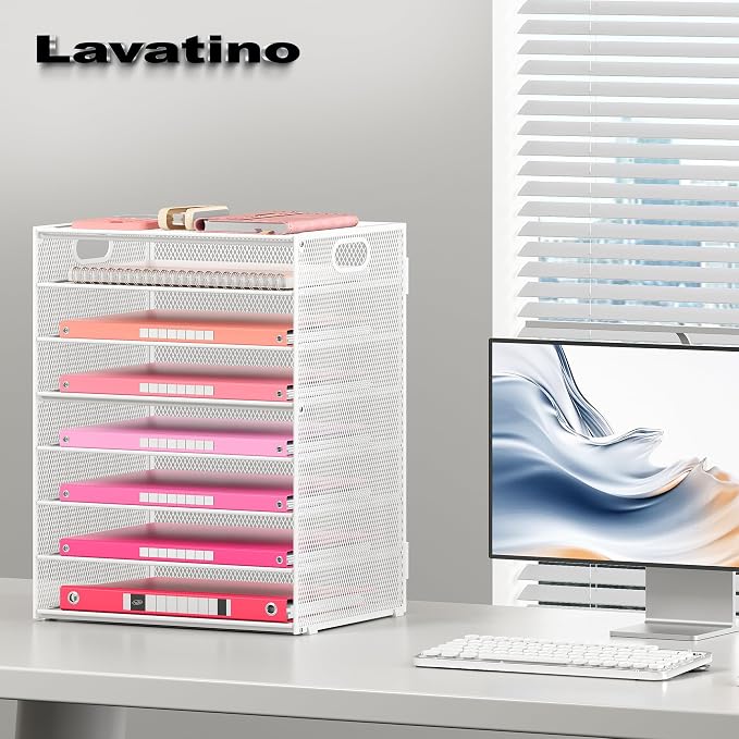 Lavatino 2 Pack 8-Tier Office Desk File Organizer, Letter Tray Paper Organizer with Handle, Including 5 Adjustable Slide Trays for Organizing Desk Workspace Accessories and Supplies (White Metal Mesh) - Image 3