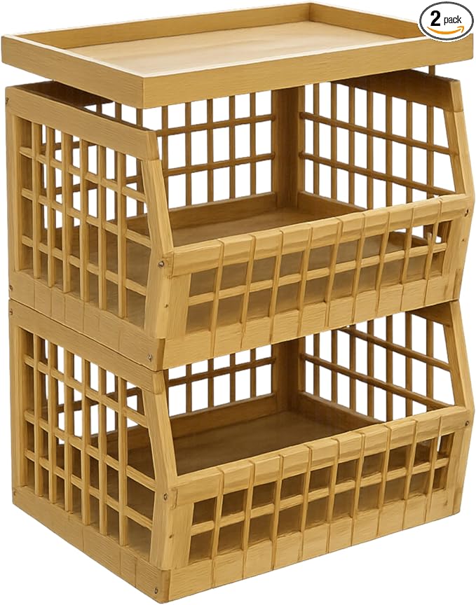 Bamboo Stackable, Open Front, Large Storage Bins With Tray Lid -Set of 2 by altCooking+Hub